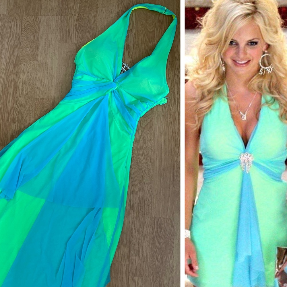 2000s neon rhinestone mesh chiffon halter gown
